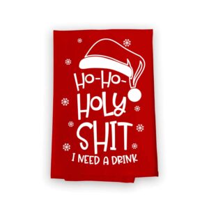 honey dew gifts, ho ho holy shit i need a drink, flour sack towel, 27 x 27 inch, made in usa, funny christmas kitchen towels, red hand towels, alcohol funny gifts, santa claus decoration