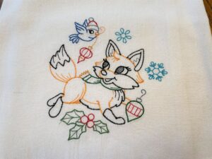 christmas embroidered flour sack tea towel, christmas fox, vintage pattern, 1 in set of 7 designs, machine embroidery