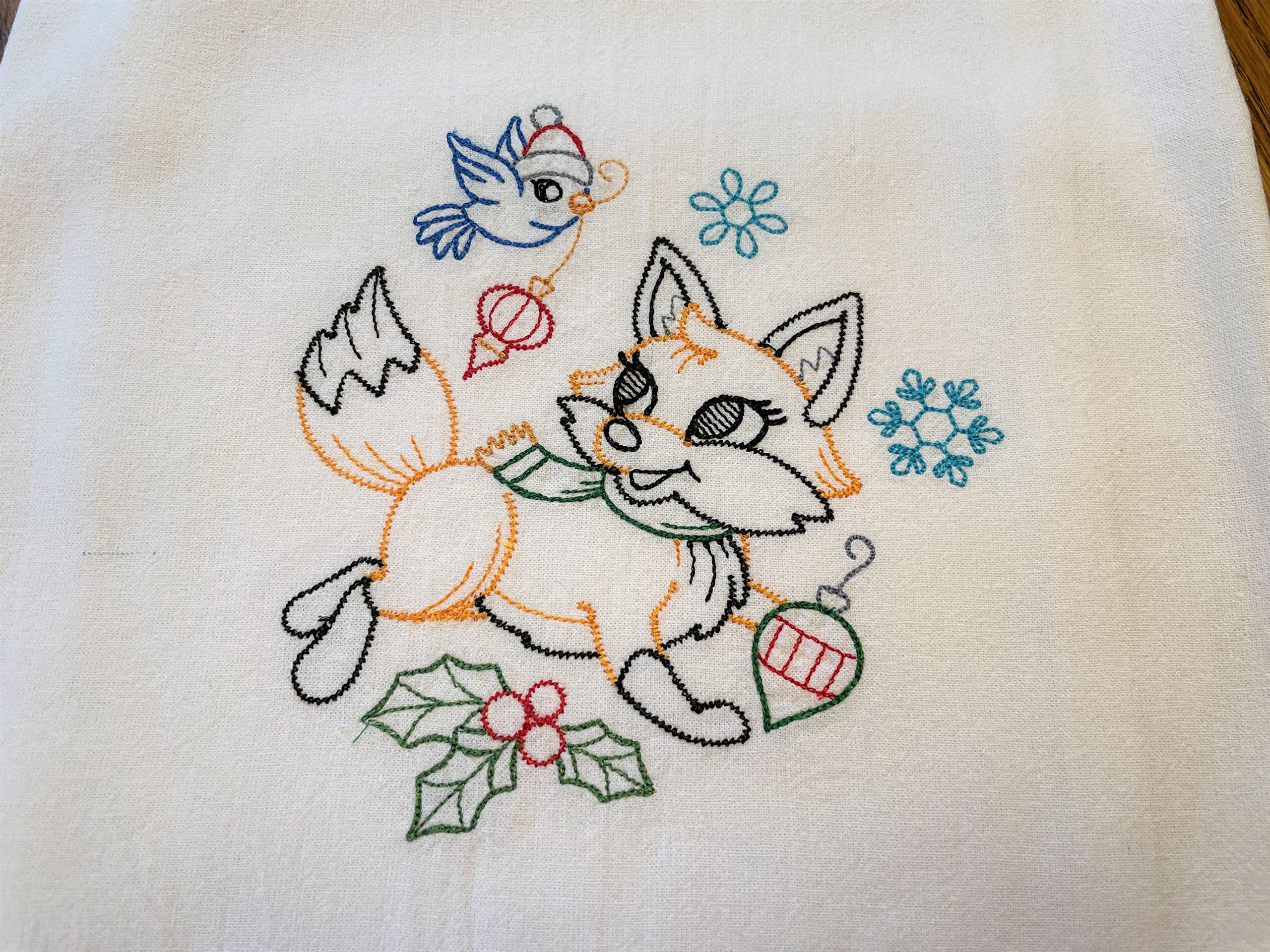 Christmas embroidered flour sack tea towel, Christmas fox, vintage pattern, 1 in set of 7 designs, machine embroidery