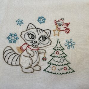 Christmas embroidered flour sack tea towel, Christmas fox, vintage pattern, 1 in set of 7 designs, machine embroidery