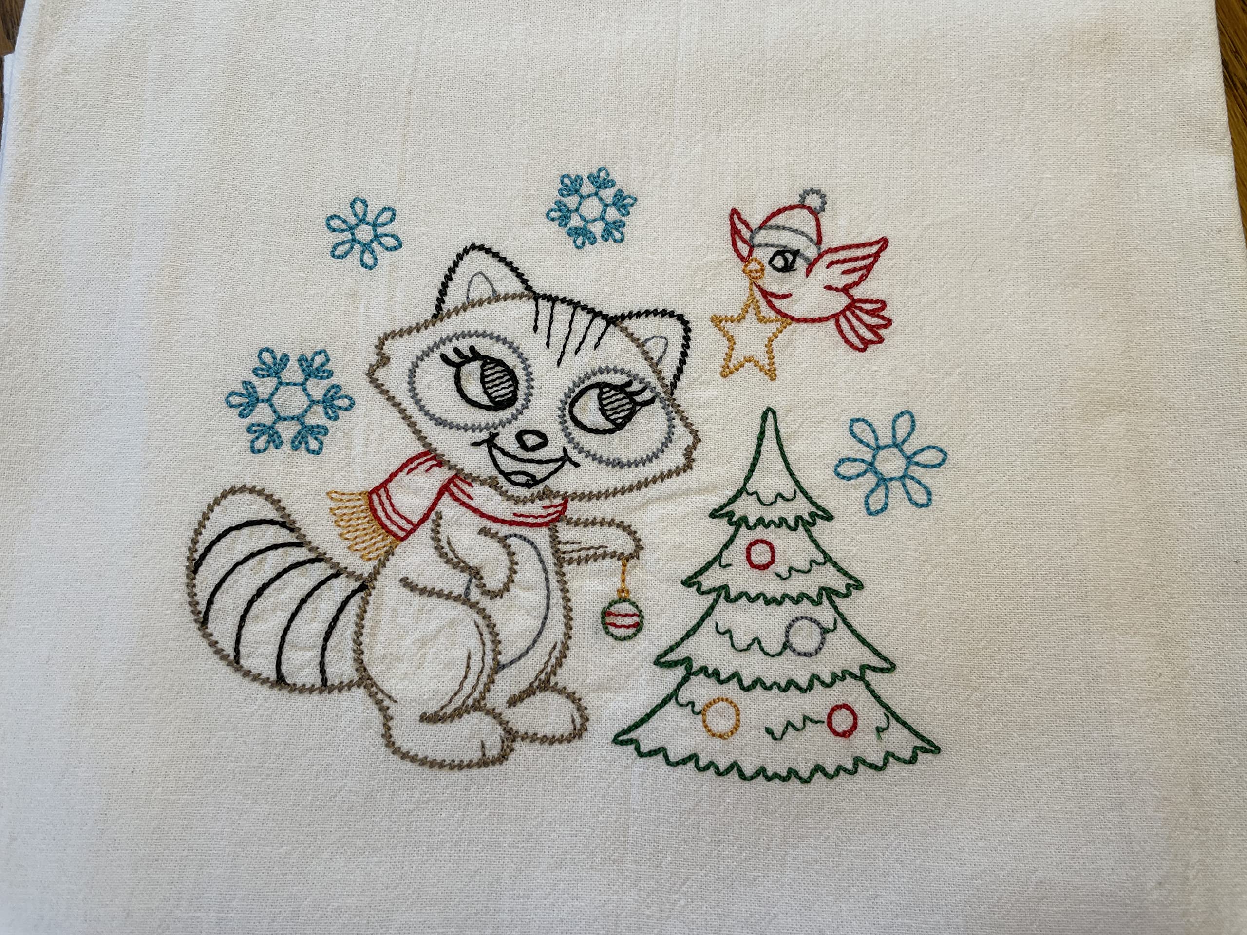 Christmas embroidered flour sack tea towel, Christmas fox, vintage pattern, 1 in set of 7 designs, machine embroidery