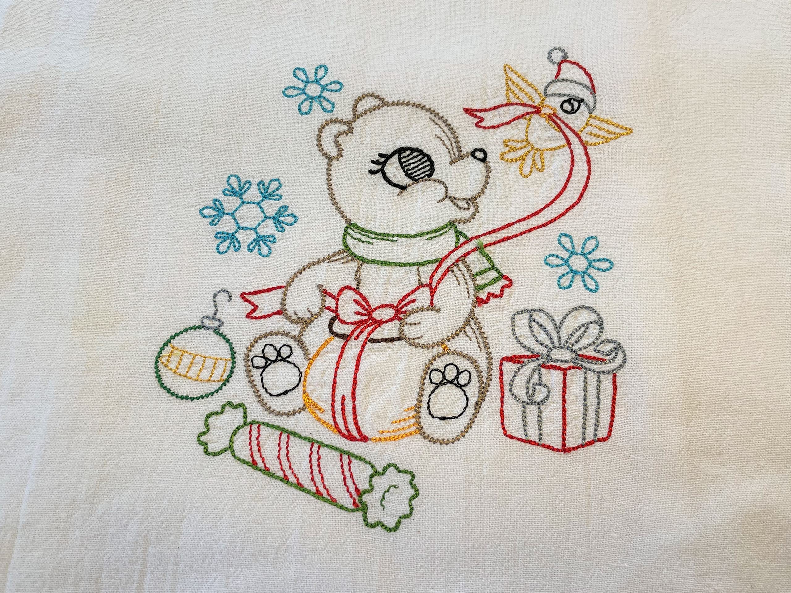 Christmas embroidered flour sack tea towel, Christmas fox, vintage pattern, 1 in set of 7 designs, machine embroidery