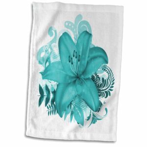 3D Rose One Large Beautiful Turquoise Tropical Lilly On A Flourish Background Towel, 15" x 22", Multicolor