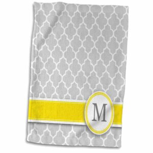 3d rose name initial letter m-monogrammed grey quatrefoil pattern-personalized yellow gray towel, 15" x 22", multicolor