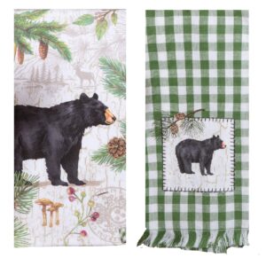 kaydeedesigns 2 piece pinecone trails bear kitchen towel set, green gingham applique tea towel and dual purpose terry towel multi-colored