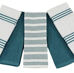 Serafina Home Solid Striped White Teal Kitchen Dish Towels: 100% Cotton Cloth Soft Cleaning Drying Ultra Absorbent, Set of 5 Multipurpose for Everyday Use (Teal White)