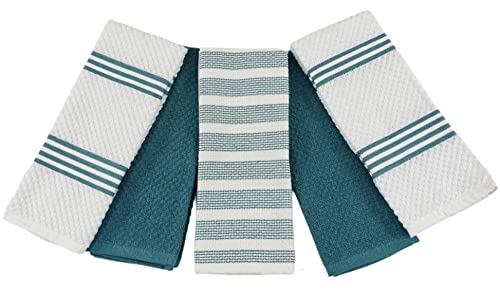 Serafina Home Solid Striped White Teal Kitchen Dish Towels: 100% Cotton Cloth Soft Cleaning Drying Ultra Absorbent, Set of 5 Multipurpose for Everyday Use (Teal White)