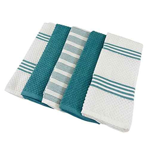 Serafina Home Solid Striped White Teal Kitchen Dish Towels: 100% Cotton Cloth Soft Cleaning Drying Ultra Absorbent, Set of 5 Multipurpose for Everyday Use (Teal White)