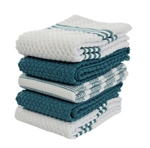 serafina home solid striped white teal kitchen dish towels: 100% cotton cloth soft cleaning drying ultra absorbent, set of 5 multipurpose for everyday use (teal white)