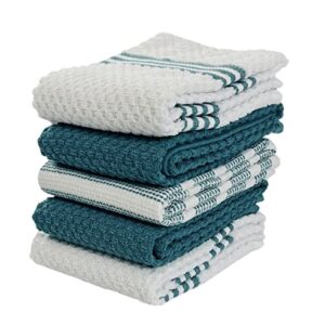 Serafina Home Solid Striped White Teal Kitchen Dish Towels: 100% Cotton Cloth Soft Cleaning Drying Ultra Absorbent, Set of 5 Multipurpose for Everyday Use (Teal White)