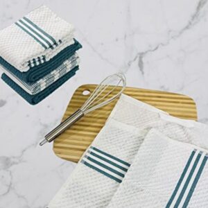 Serafina Home Solid Striped White Teal Kitchen Dish Towels: 100% Cotton Cloth Soft Cleaning Drying Ultra Absorbent, Set of 5 Multipurpose for Everyday Use (Teal White)