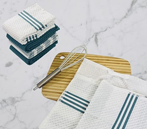 Serafina Home Solid Striped White Teal Kitchen Dish Towels: 100% Cotton Cloth Soft Cleaning Drying Ultra Absorbent, Set of 5 Multipurpose for Everyday Use (Teal White)