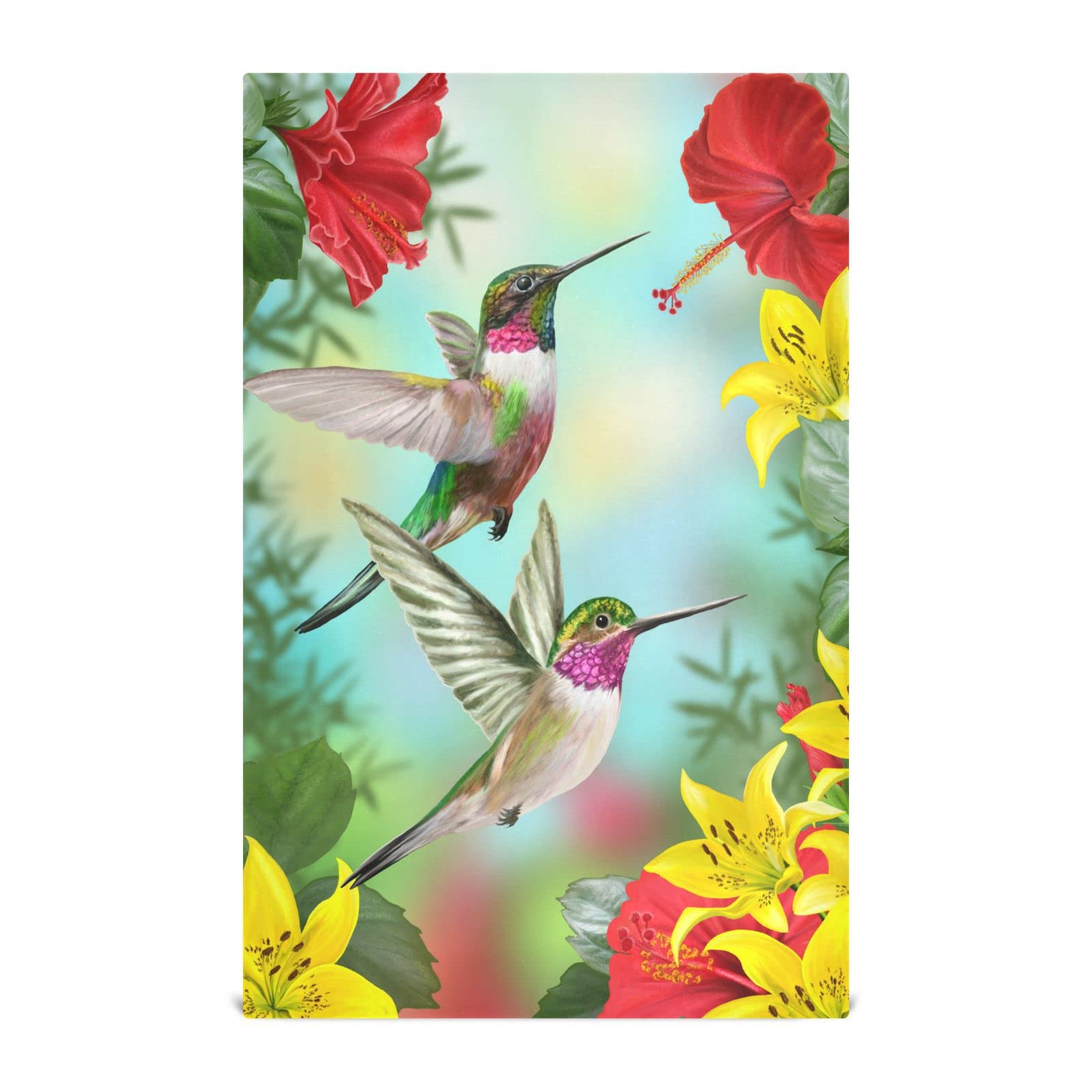 Hummingbirds Red Flowering Hibiscus Kitchen Towel Set Spring Yellow Lilies Dish Towel Set of 1 Tea Towels Large 28''x18'' Multi-Purpose Washing Cloth Home Decorative Lint-Free Dishcloths for Restaura