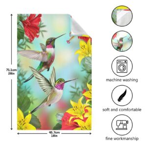 Hummingbirds Red Flowering Hibiscus Kitchen Towel Set Spring Yellow Lilies Dish Towel Set of 1 Tea Towels Large 28''x18'' Multi-Purpose Washing Cloth Home Decorative Lint-Free Dishcloths for Restaura