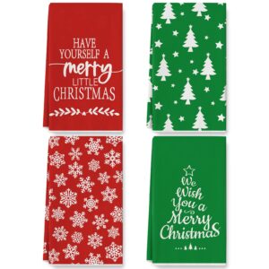 anydesign 4 pack christmas kitchen towels christmas tree snowflake pattern dishcloth red green xmas hand drying towels for christmas home kitchen bathroom decoration housewarming gifts, 18 x 28