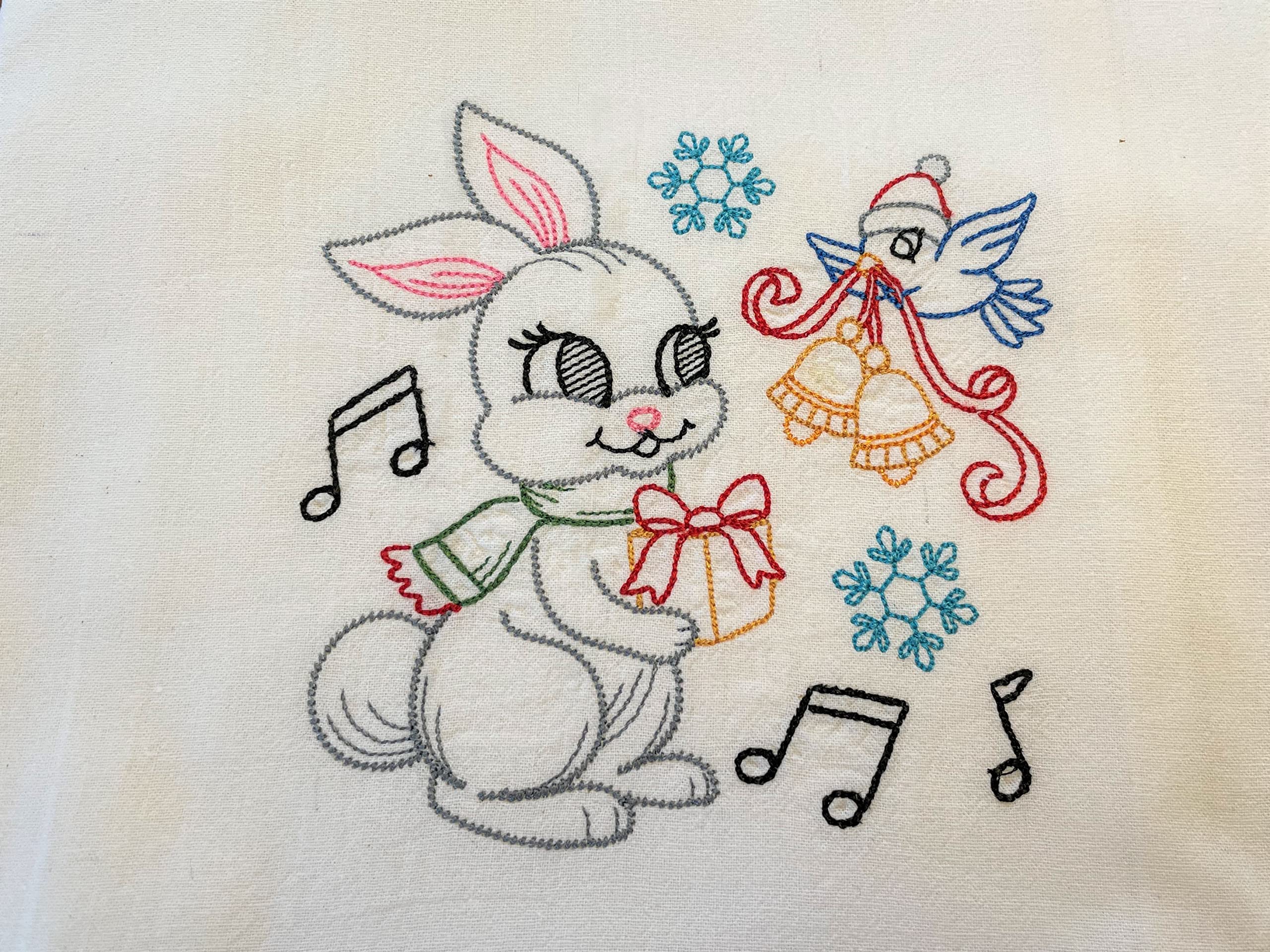 Christmas embroidered flour sack tea towel, Christmas bunny, vintage pattern, 1 in set of 7 designs, machine embroidery