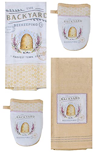 Kay Dee Designs 4 Piece Farmhouse Backyard Bee Keeping Kitchen Bundle, 2 Towels and 2 Grabber Mitts