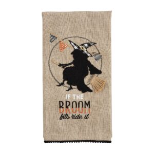 mud pie halloween embellished tea towel, broom, 26" x 18"