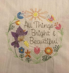 embroidered flour sack tea towel, dish towel, all things bright & beautiful, bird, wreath, flowers, gift under 20