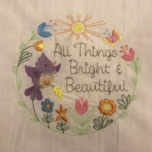 Embroidered flour sack tea towel, dish towel, All Things Bright & Beautiful, bird, wreath, flowers, gift under 20