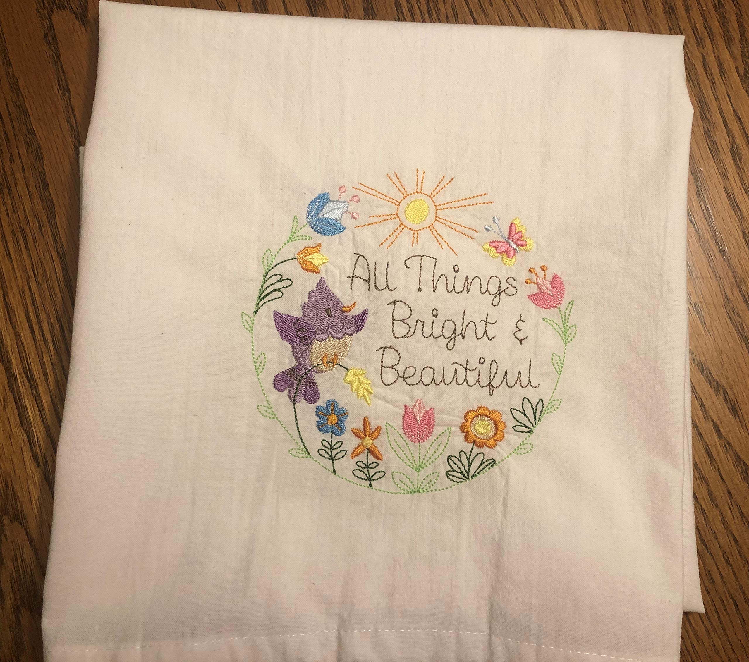 Embroidered flour sack tea towel, dish towel, All Things Bright & Beautiful, bird, wreath, flowers, gift under 20