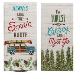 dhe piece woodsy pine tree camping kitchen dual purpose towel bundle, forest is calling and take the scenic route, multi colored