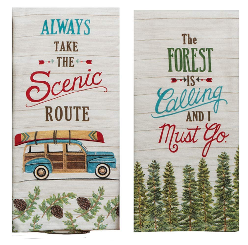 DHE Piece Woodsy Pine Tree Camping Kitchen Dual Purpose Towel Bundle, Forest is Calling and Take The Scenic Route, Multi colored