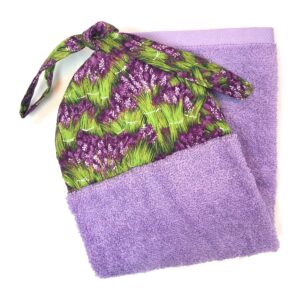 purple and green lavender flowers ties on stays put kitchen hanging loop hand dish towel