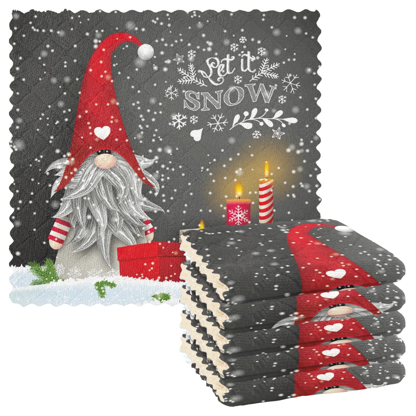 VIGTRO 6 Pack Super Absorbent Winter Kitchen Towels,Christmas Gnome Candle Premium Dish Cloths Towels, Let It Snow Washable Fast Drying Dish Rags Reusable Cleaning Cloth 11x11