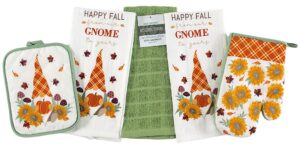 fall decor kitchen towels and pot holder set: garden gnomes and country plaids with autumn sunflowers welcome you from our gnome to yours