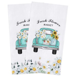 zadaling sunflower farmhouse daisy blue truck kitchen towels, 18x28 inches soft dish cloth,cotton tea towels/bar towels/hand towels for bathroom(2 pack)
