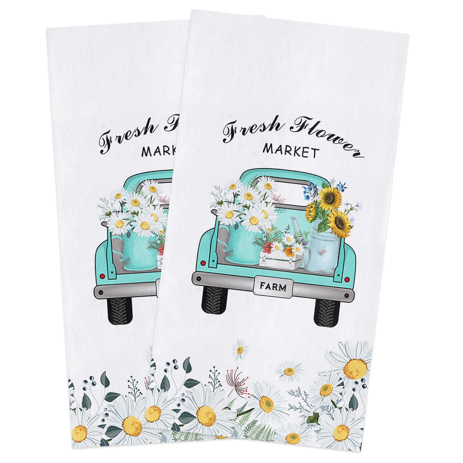 Zadaling Sunflower Farmhouse Daisy Blue Truck Kitchen Towels, 18x28 Inches Soft Dish Cloth,Cotton Tea Towels/Bar Towels/Hand Towels for Bathroom(2 Pack)