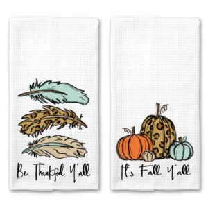 it's fall, y'all leopard pumpkin and be thankful feather microfiber kitchen towel holiday home decor set of 2