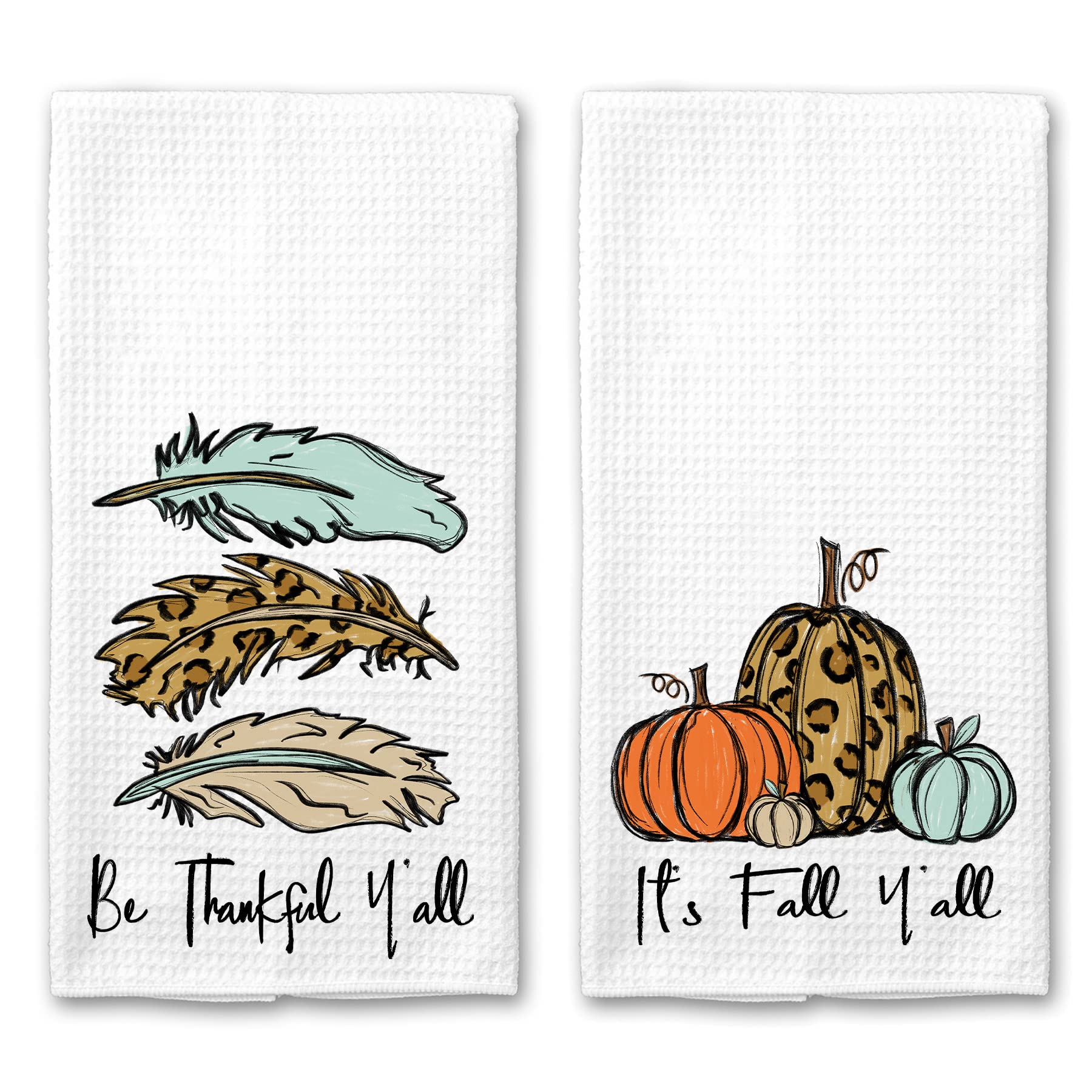 It's Fall, Y'all Leopard Pumpkin and Be Thankful Feather Microfiber Kitchen Towel Holiday Home Decor Set of 2