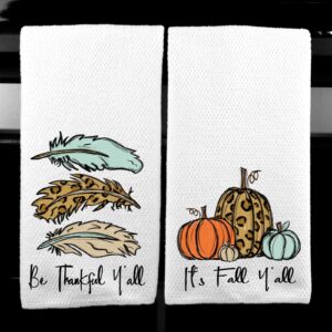 It's Fall, Y'all Leopard Pumpkin and Be Thankful Feather Microfiber Kitchen Towel Holiday Home Decor Set of 2