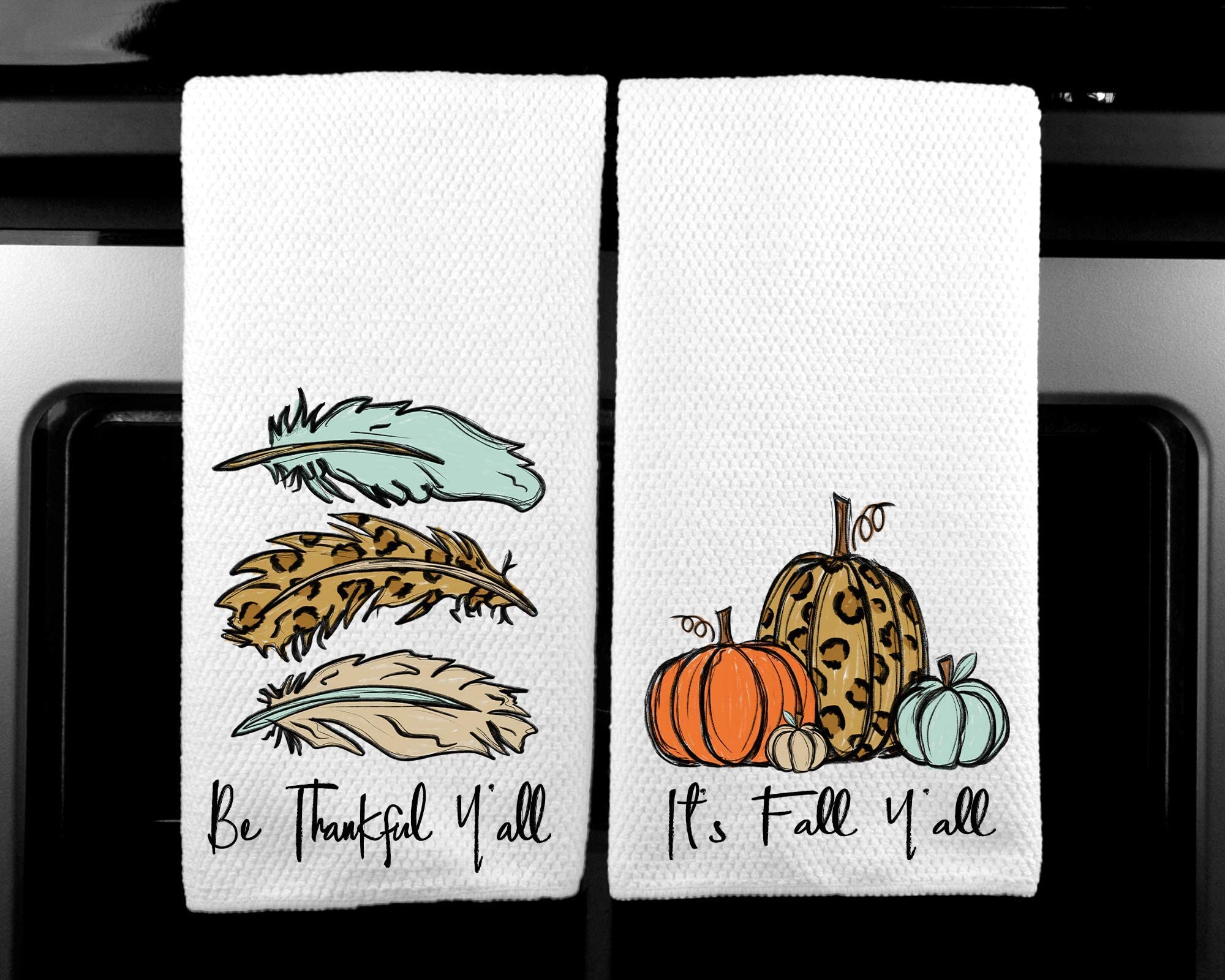 It's Fall, Y'all Leopard Pumpkin and Be Thankful Feather Microfiber Kitchen Towel Holiday Home Decor Set of 2