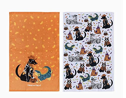 "Tricks for Treats" Halloween Puppy Dog Kitchen Towels, Set of 2