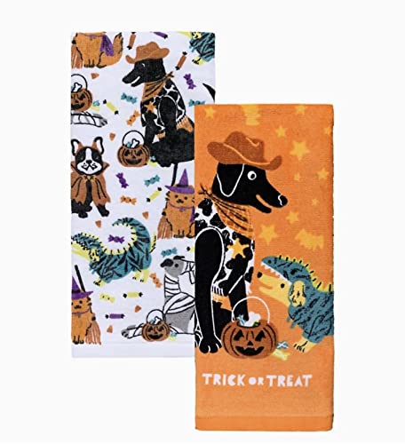 "Tricks for Treats" Halloween Puppy Dog Kitchen Towels, Set of 2