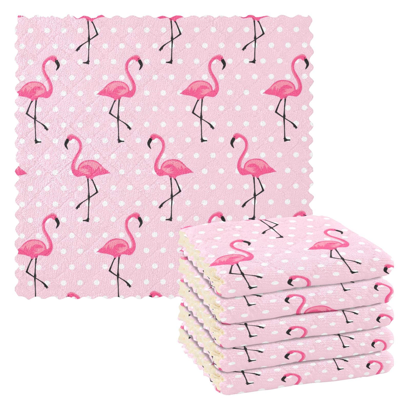 Kigai Pink Flamingos and Dots 11×11 Inches Polyester Flannel Six-Piece Multifunctional Kitchen Dishcloth Soft Absorbent Towel Dishcloth Tea Towel Square Towel