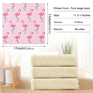 Kigai Pink Flamingos and Dots 11×11 Inches Polyester Flannel Six-Piece Multifunctional Kitchen Dishcloth Soft Absorbent Towel Dishcloth Tea Towel Square Towel