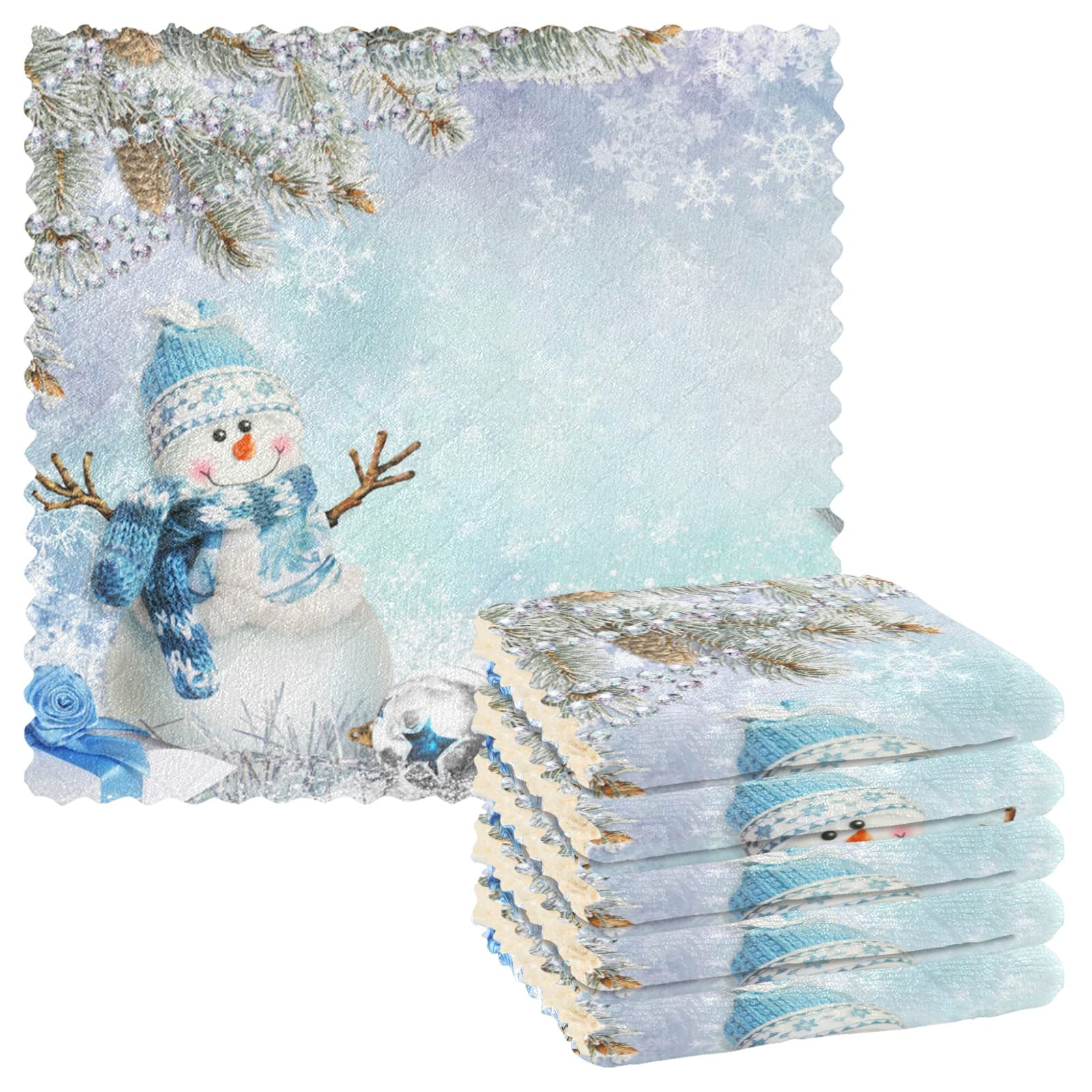 VIGTRO 6 Pack Super Absorbent Kitchen Towels,Winter Snowman Gifts Premium Dish Cloths Towels, Christmas Blue Snowflake Washable Fast Drying Dish Rags Reusable Cleaning Cloth 11x11