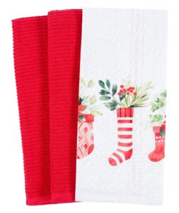 kaf home holiday mixed flat and terry printed dish towel set of 3, 100-percent cotton, 18 x 28-inch (stockings)