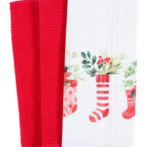 KAF Home Holiday Mixed Flat and Terry Printed Dish Towel Set of 3, 100-Percent Cotton, 18 x 28-inch (Stockings)