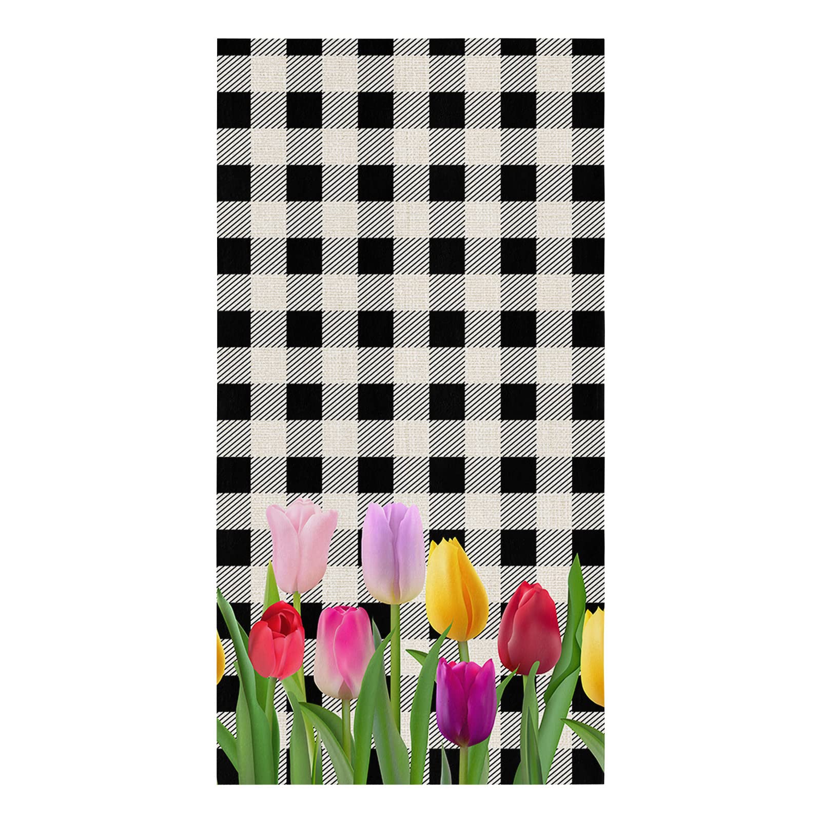 Mother's Day Kitchen Dish Towel Set of 1, Spring Tulip Flower Floral Black White Buffalo Plaid Hand Towels, Ultra Soft Absorbent Drying Cloth Tea Towels for Kitchen Bathroom Bar Hotel 18 x 28 Inches