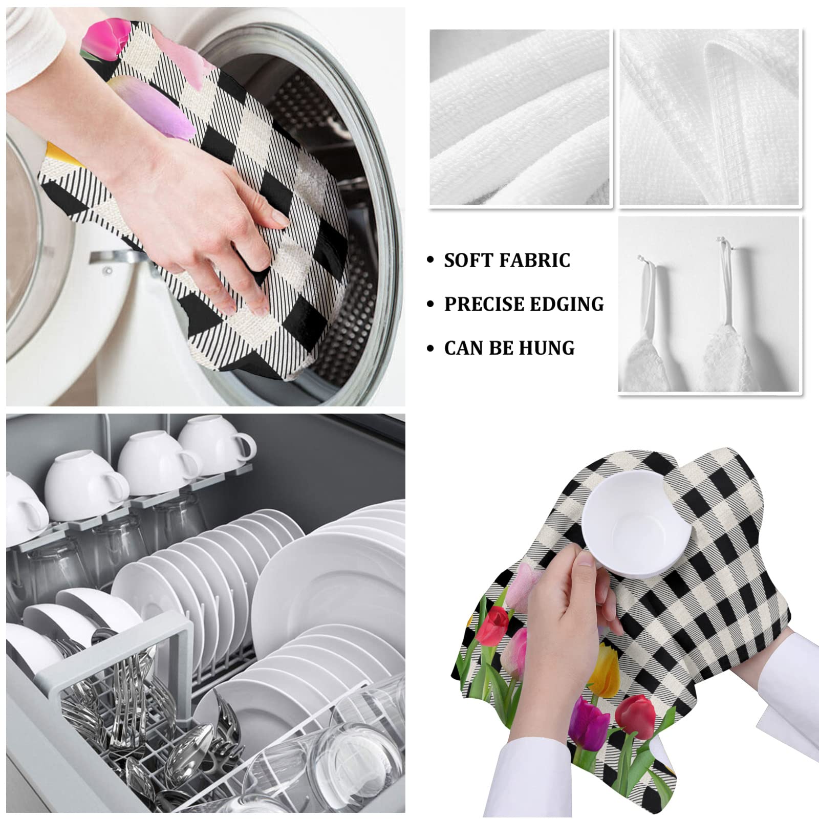 Mother's Day Kitchen Dish Towel Set of 1, Spring Tulip Flower Floral Black White Buffalo Plaid Hand Towels, Ultra Soft Absorbent Drying Cloth Tea Towels for Kitchen Bathroom Bar Hotel 18 x 28 Inches