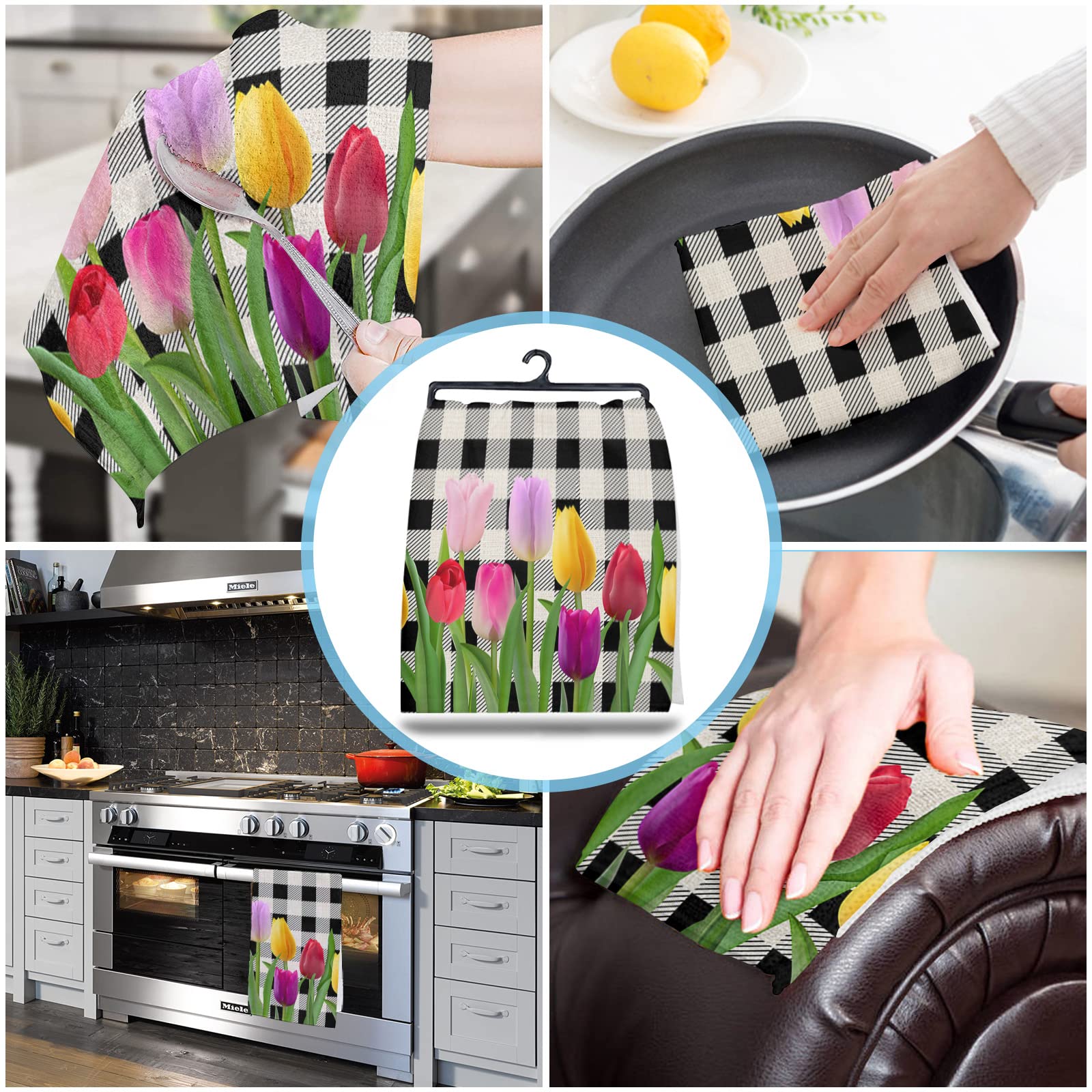 Mother's Day Kitchen Dish Towel Set of 1, Spring Tulip Flower Floral Black White Buffalo Plaid Hand Towels, Ultra Soft Absorbent Drying Cloth Tea Towels for Kitchen Bathroom Bar Hotel 18 x 28 Inches