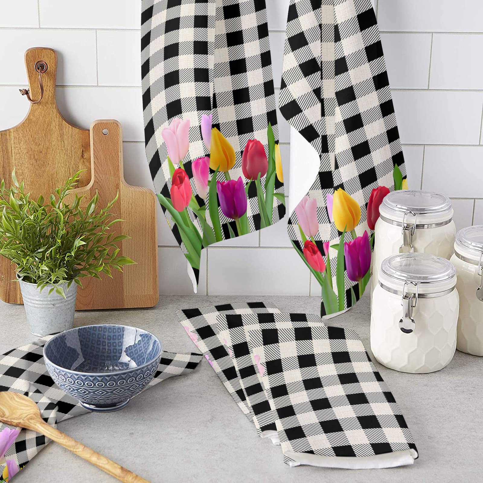 Mother's Day Kitchen Dish Towel Set of 1, Spring Tulip Flower Floral Black White Buffalo Plaid Hand Towels, Ultra Soft Absorbent Drying Cloth Tea Towels for Kitchen Bathroom Bar Hotel 18 x 28 Inches