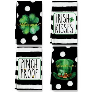 anydesign st. patrick's day kitchen towel watercolor shamrock clover dish towel set of 4 white black stripes dots hand drying tea towel for cooking baking cleaning wipes, 18 x 28 inch