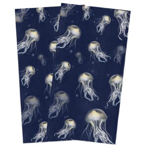 chees d zone kitchen towels cotton dish towel,ocean jellyfish sea monster on navy blue soft dishcloth absorbent tea towel,marine life seamless reusable washable hand towels 2 pack