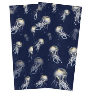 Chees D Zone Kitchen Towels Cotton Dish Towel,Ocean Jellyfish Sea Monster on Navy Blue Soft Dishcloth Absorbent Tea Towel,Marine Life Seamless Reusable Washable Hand Towels 2 Pack